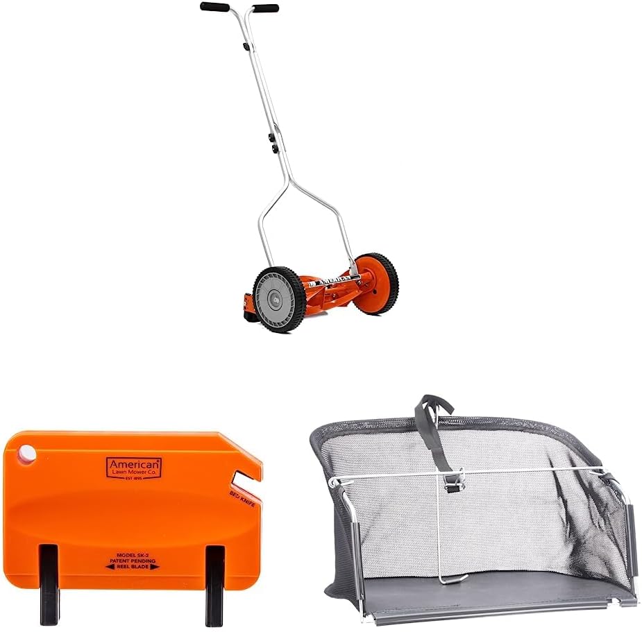 American Lawn Mower Company 1204-14 14-Inch 4-Blade Push Reel Lawn Mower, Red & 2 Reel Lawn Mower Hand Sharpener, Orange & GC91416 14-Inch/16-Inch Reel Lawn Mower Grass Catcher, Black