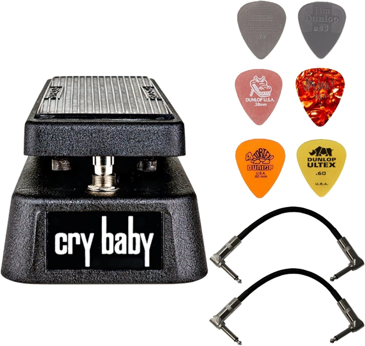 Dunlop Crybaby GCB-95 Classic Wah Pedal Bundle with 2 Patch Cables and 6 Assorted Dunlop Picks