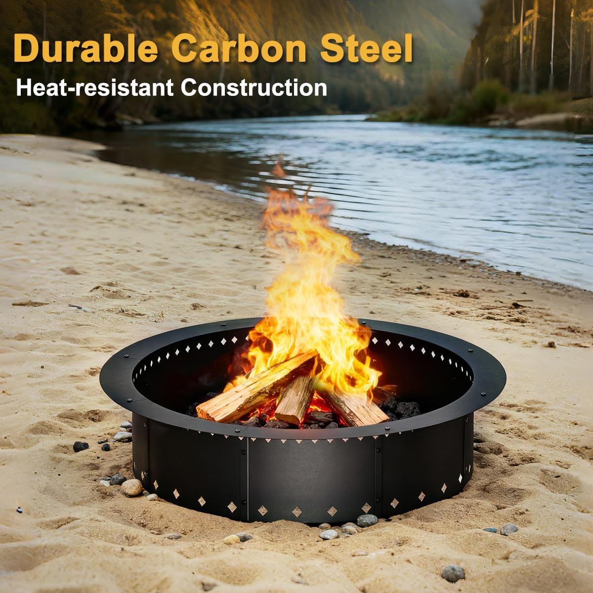 FANHAO Outdoor Fire Pit + 36-Inch Fire Ring Smokeless, Wood Burning Fire Pit Ring Duty Solid Metal Steel