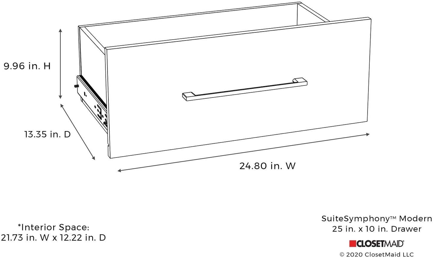 ClosetMaid SuiteSymphony Wood Closet Drawer, Add On Accessory, Modern Style, For Storage, Closet, Clothes, 25” x 10” Size for 25 in. Units, Graphite Grey/Satin Nickel