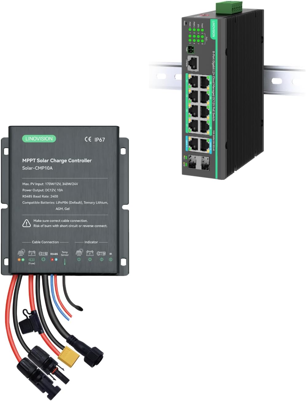 LINOVISION MPPT 12V/24V 10A Solar Charge Controller with 12 Ports L2+ Cloud Managed PoE Switch