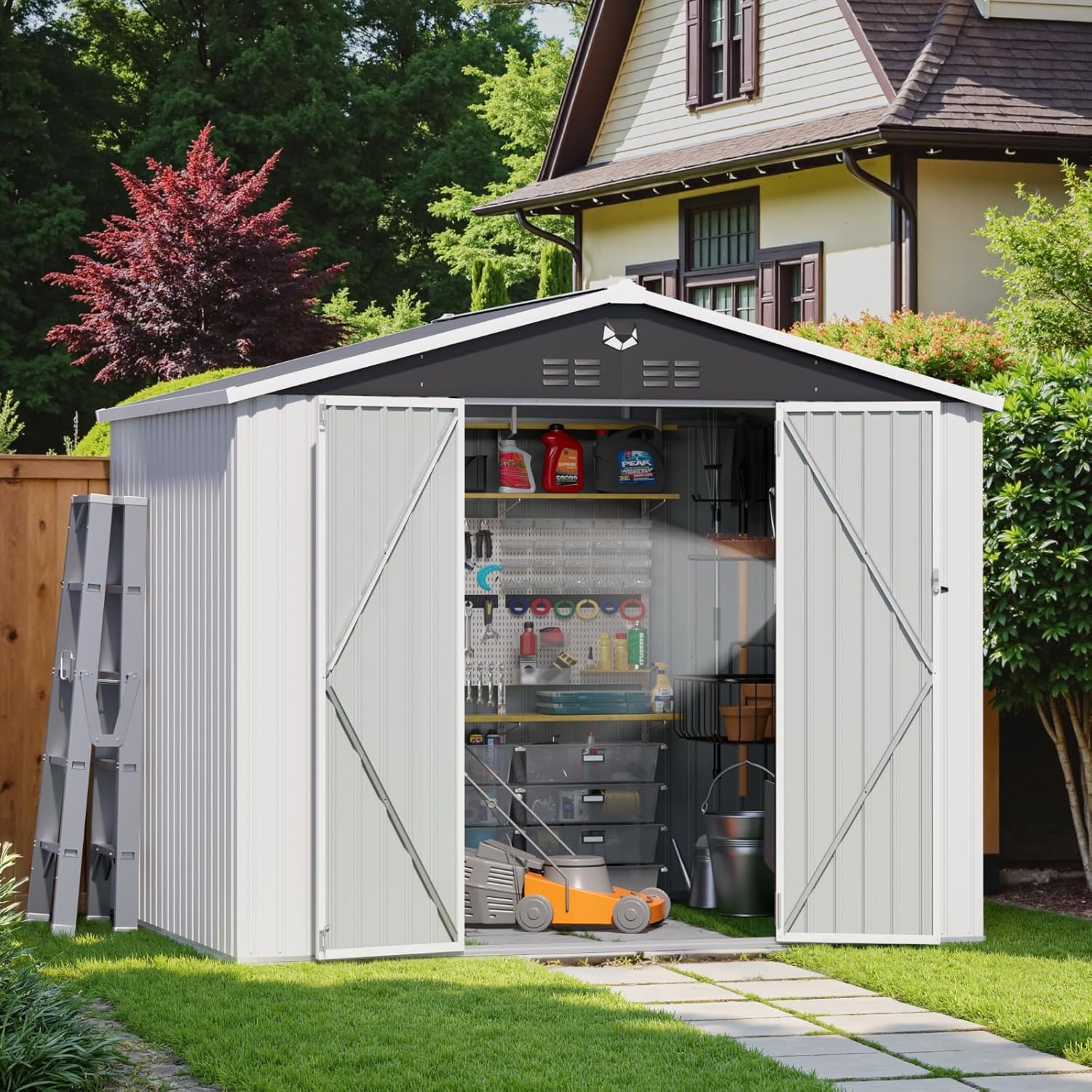 Metal Storage Shed,10x8 Outdoor Storage Building,Large Backyard Sheds with Lockable Doors,Waterproof Outside Storage Sheds，White