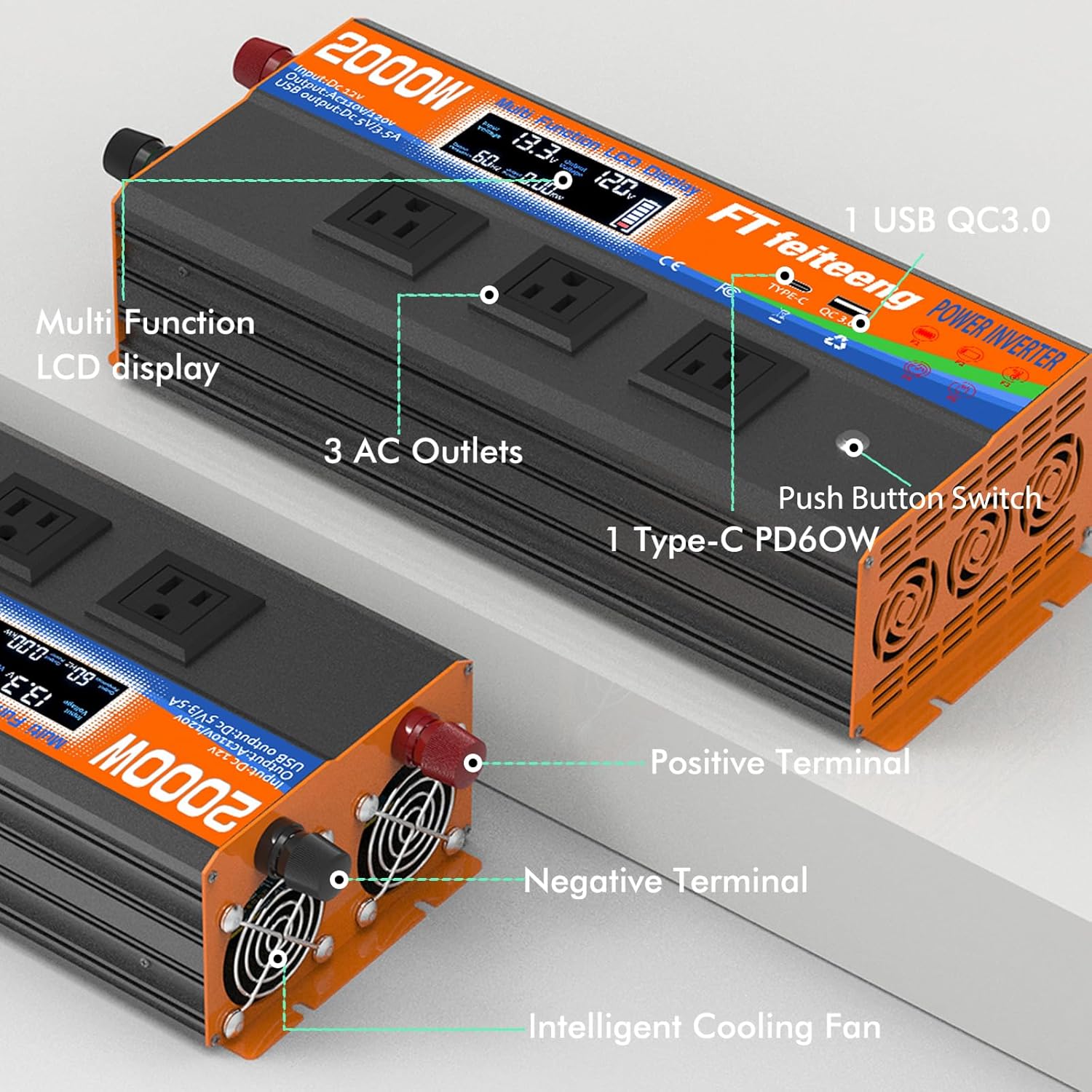 2000W Power Inverter 12v DC to 110v 120v AC with Remote 3 AC Outlets, USB Port, Dual Smart Fans, Cables Included LCD Display Power Inverter for Vehicle for Rv Truck Camping & Home Emergency Use