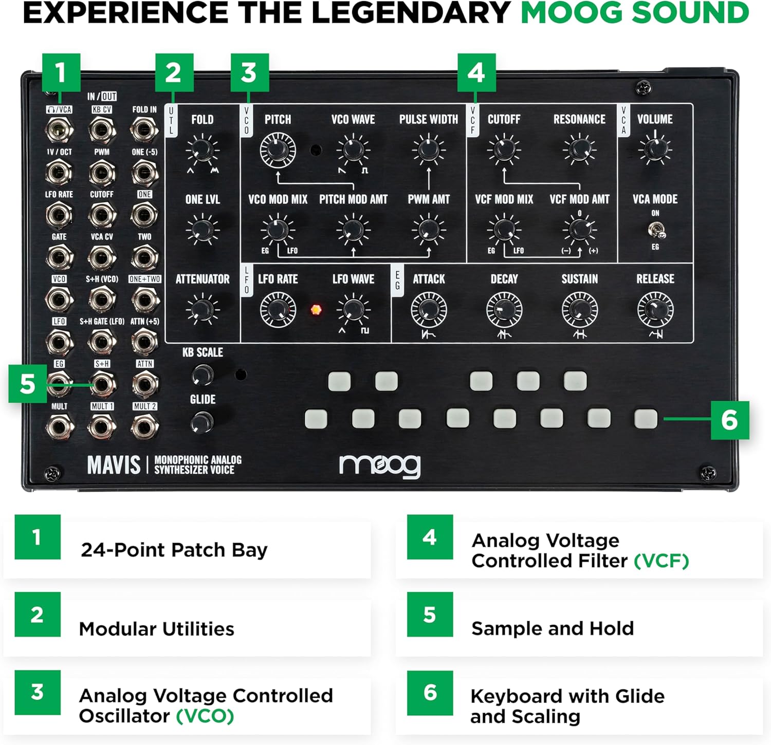 MOOG Mavis - Standalone Semi-Modular Analog Synthesizer Kit with Keyboard; Analog Oscillator, Filter, Envelope Generator; Wavefolder; and Dust Cover