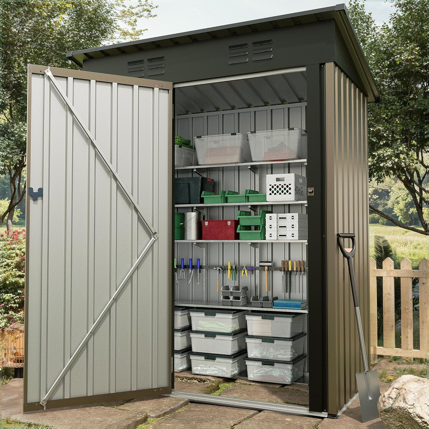 Metal Tool Shed with Single Door - Slanted Roof, Small Size, 5x3FT, Garden Storage, Outdoor Iron Tool Storage