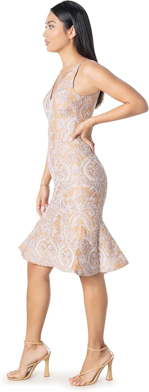 Dress The Population Womens Isabelle V-Neck Neckline, Bodycon Silhouette with a Ruffled Hem Midi Dress.