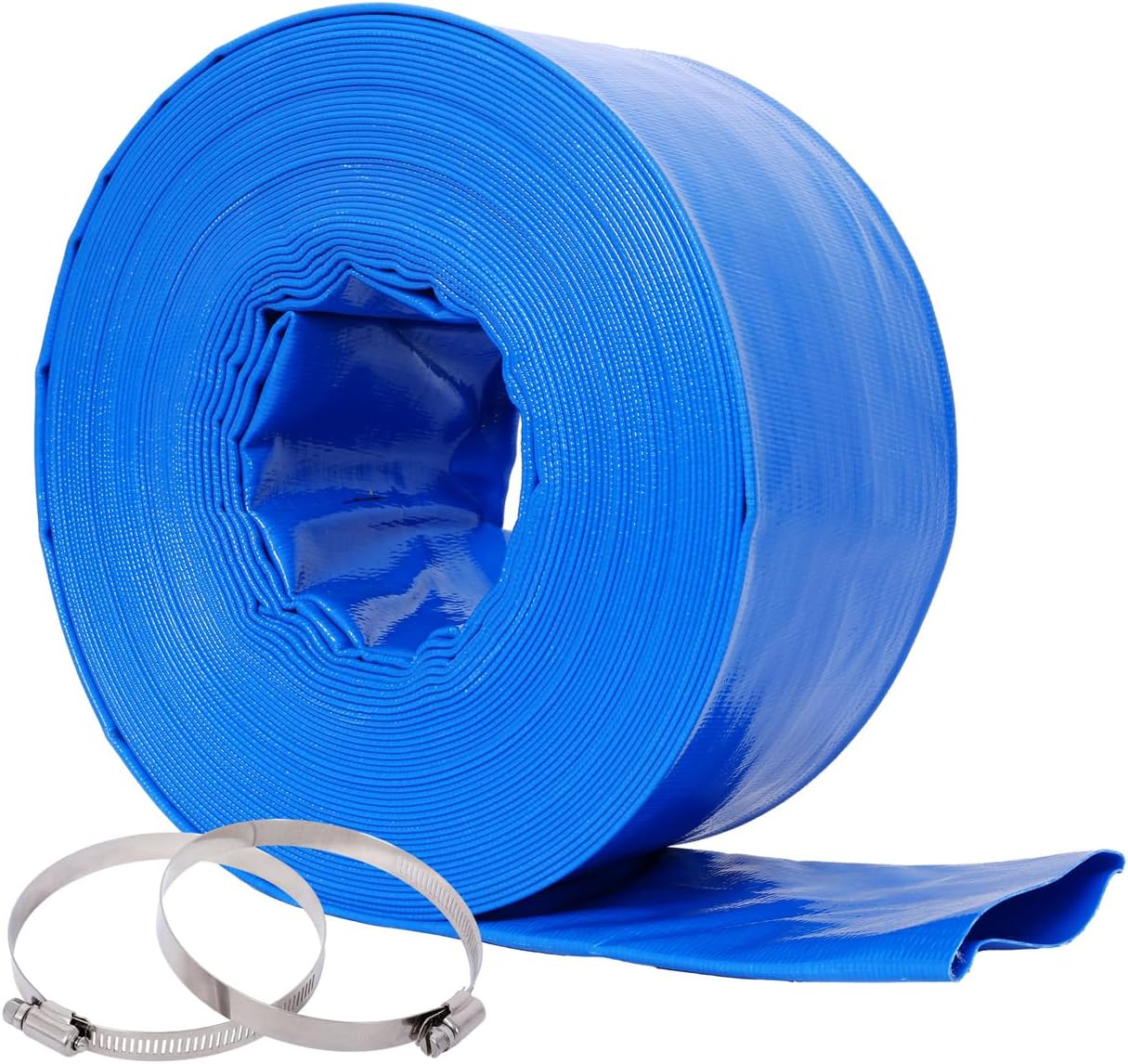 Pool Backwash Hose, Blue Heavy Duty Reinforced PVC Lay Flat Water Discharge Hose for Swimming Pool Filter Pump, with 2 Clamp (4