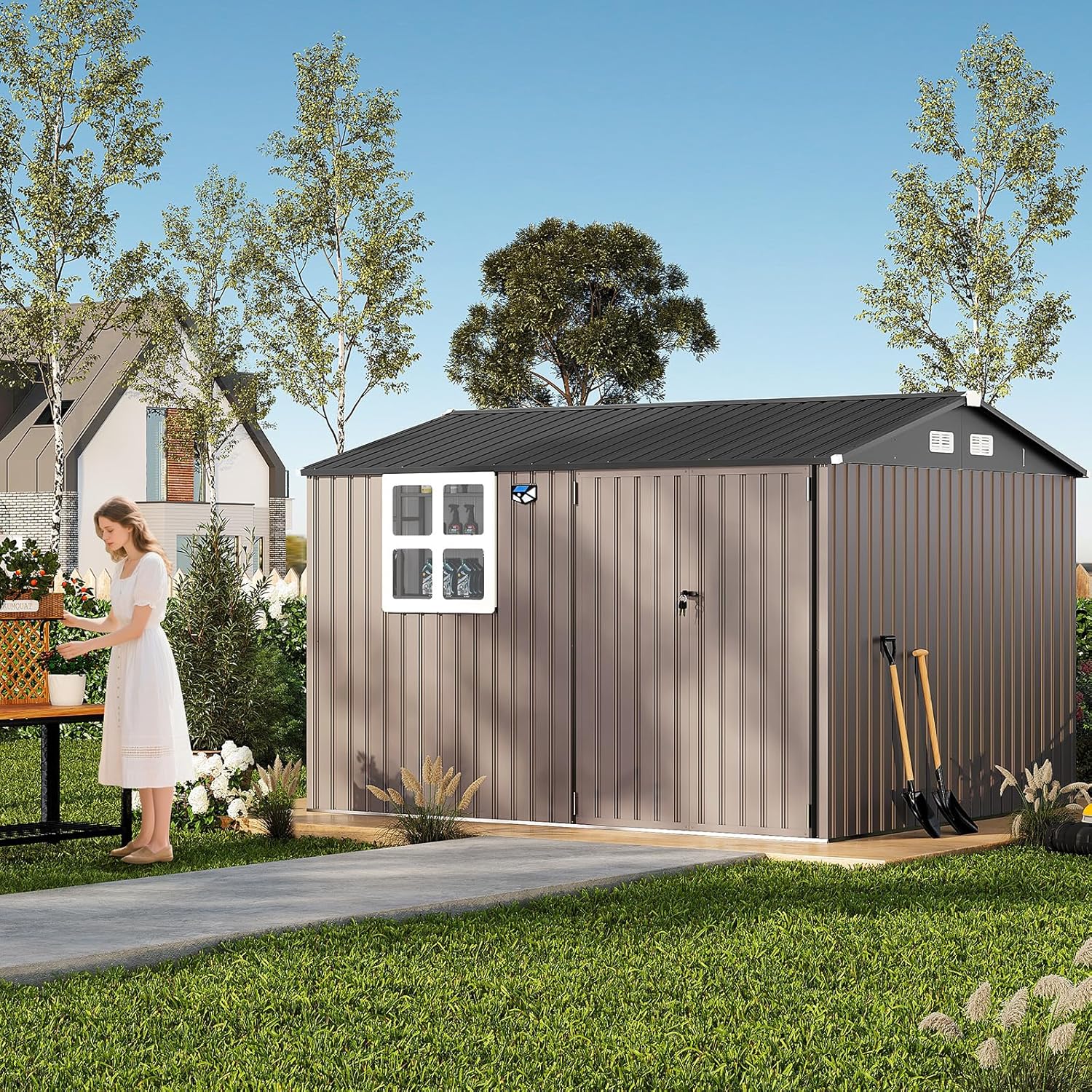 10x8FT Outdoor Steel Storage Shed with Clear Window, Lockable Doors, Weather-Resistant Metal Tool Shed for Garden, Backyard, Patio, and Utility Storage,Brown