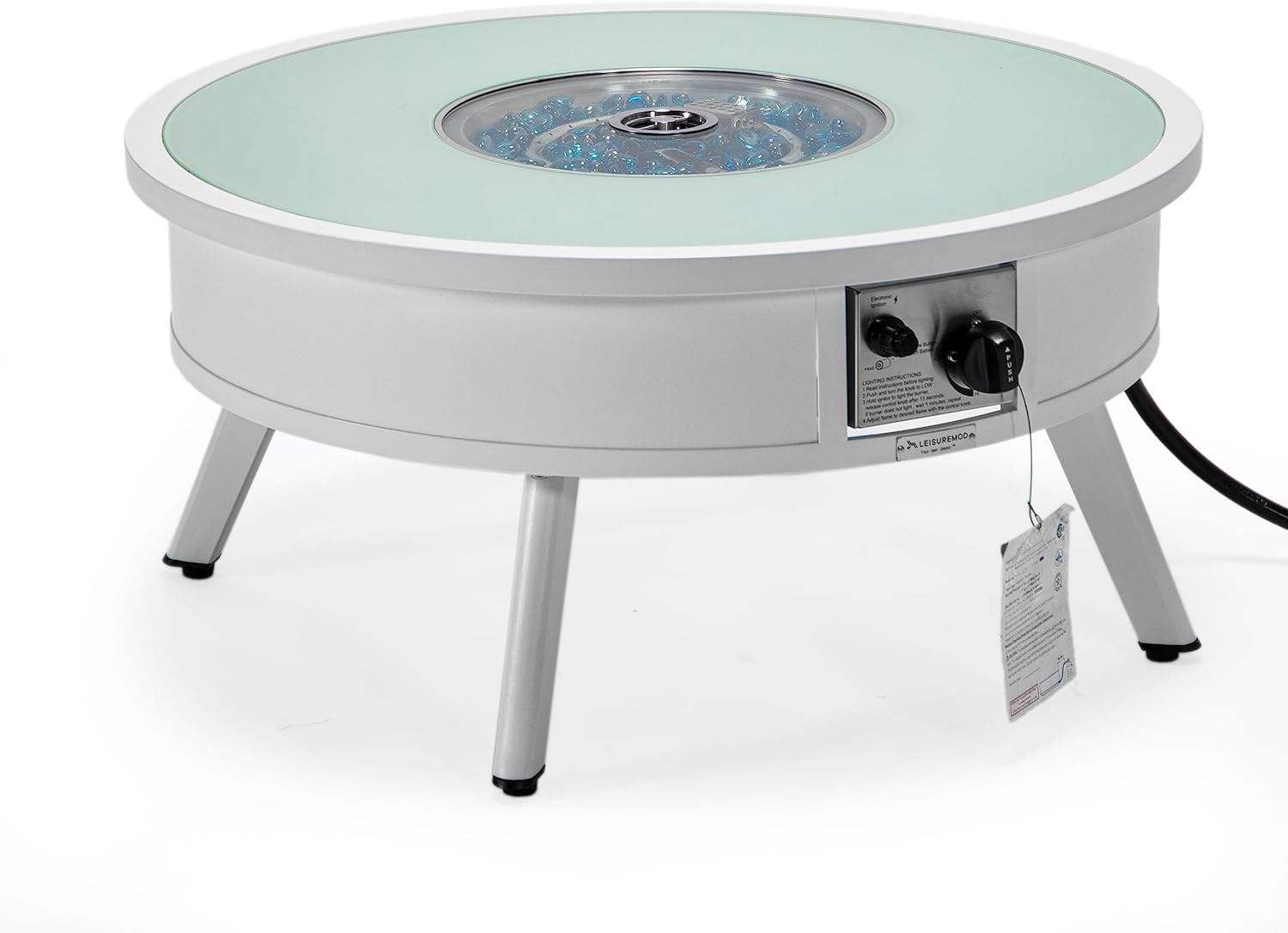 LeisureMod Walbrooke Modern Outdoor Round Fire Pit Table with Powder-Coated Aluminum Frame for Patio and Backyard Garden, White