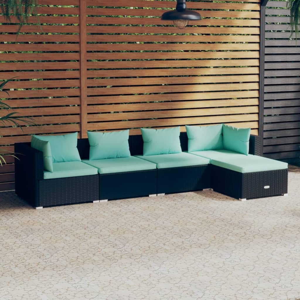 5 Piece Patio Lounge Set with Cushions Poly Rattan Black,Modern Patio Lounge Set: Durable and Comfortable Outdoor Furniture Patio Furniture Sets, Outdoor Furniture Sets
