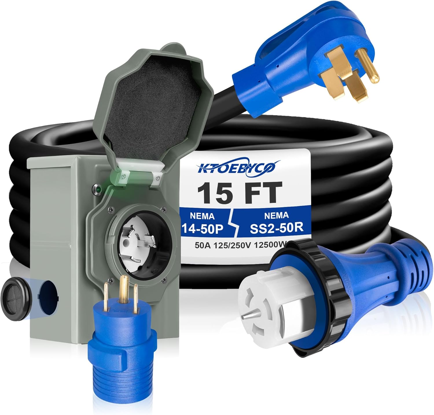 50 Amp Generator Cord and Inlet Box Combo Kit, 15FT NEMA 14-50P to SS2-50R Cord, Pre-Drilled Inlet Box, Waterproof, UL & ETL Listed