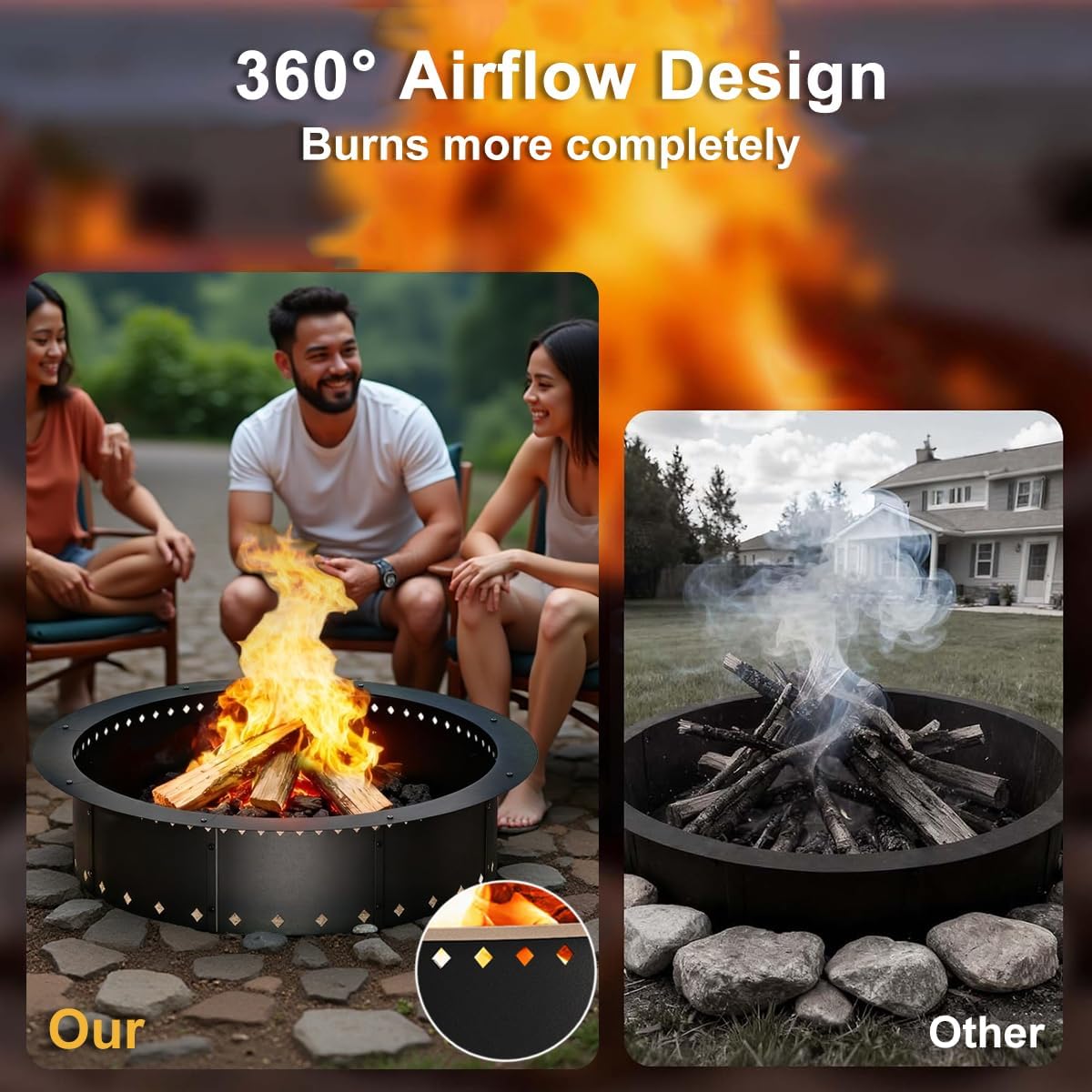 FANHAO Outdoor Fire Pit + 36-Inch Fire Ring Smokeless, Wood Burning Fire Pit Ring Duty Solid Metal Steel