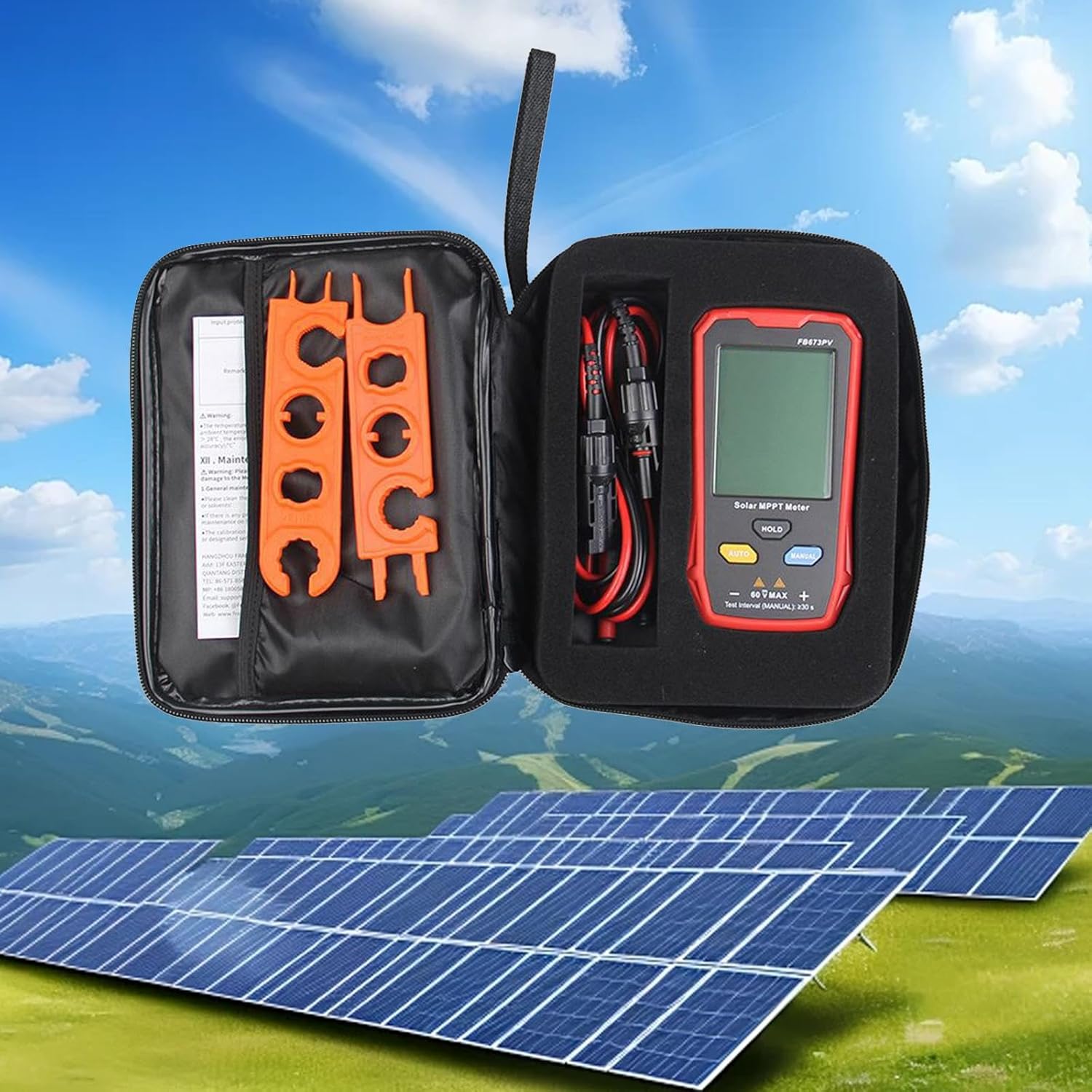 Generic 800W Solar Panel Tester Photovoltaic Multimeter 12-60V 14.2x7.6x2cm Utility Tool Professional Big LCD Screen with Cable, Red and Black