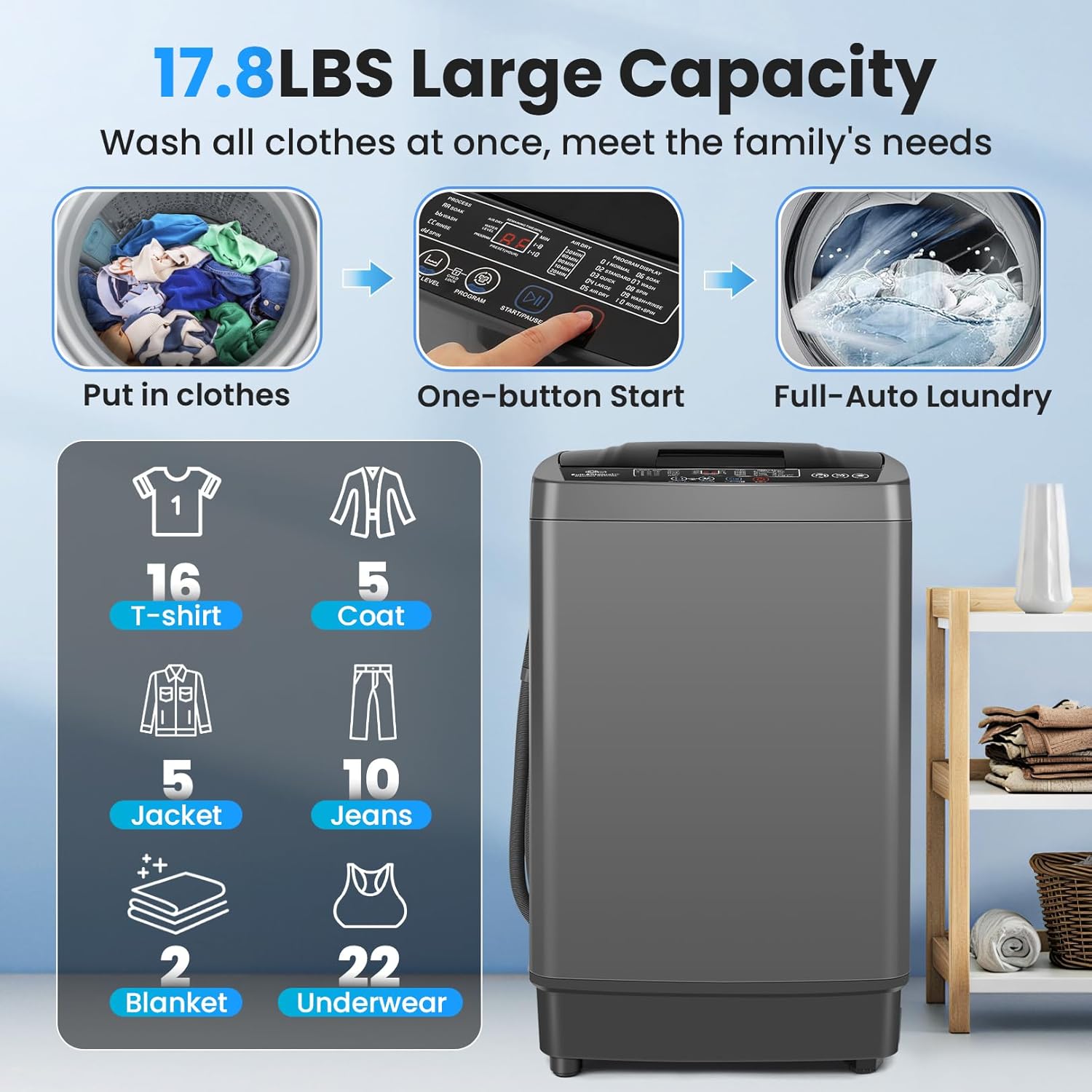 Nictemaw Portable Washing Machine 17.8 lbs Fully Automatic Portable Washer with LED Display, 10 Programs 8 Water Levels, 2.4 Cu.ft Compact Laundry Washer with Drain Pump for Apartment, Dorm, Home, RVs