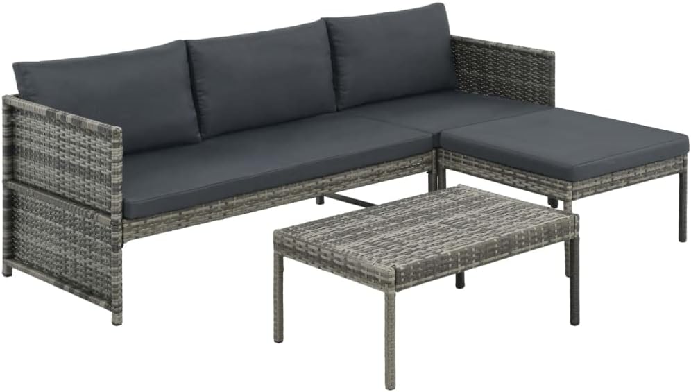 Patio Set 3 Piece Patio Lounge Set with Cushions Poly Rattan Gray