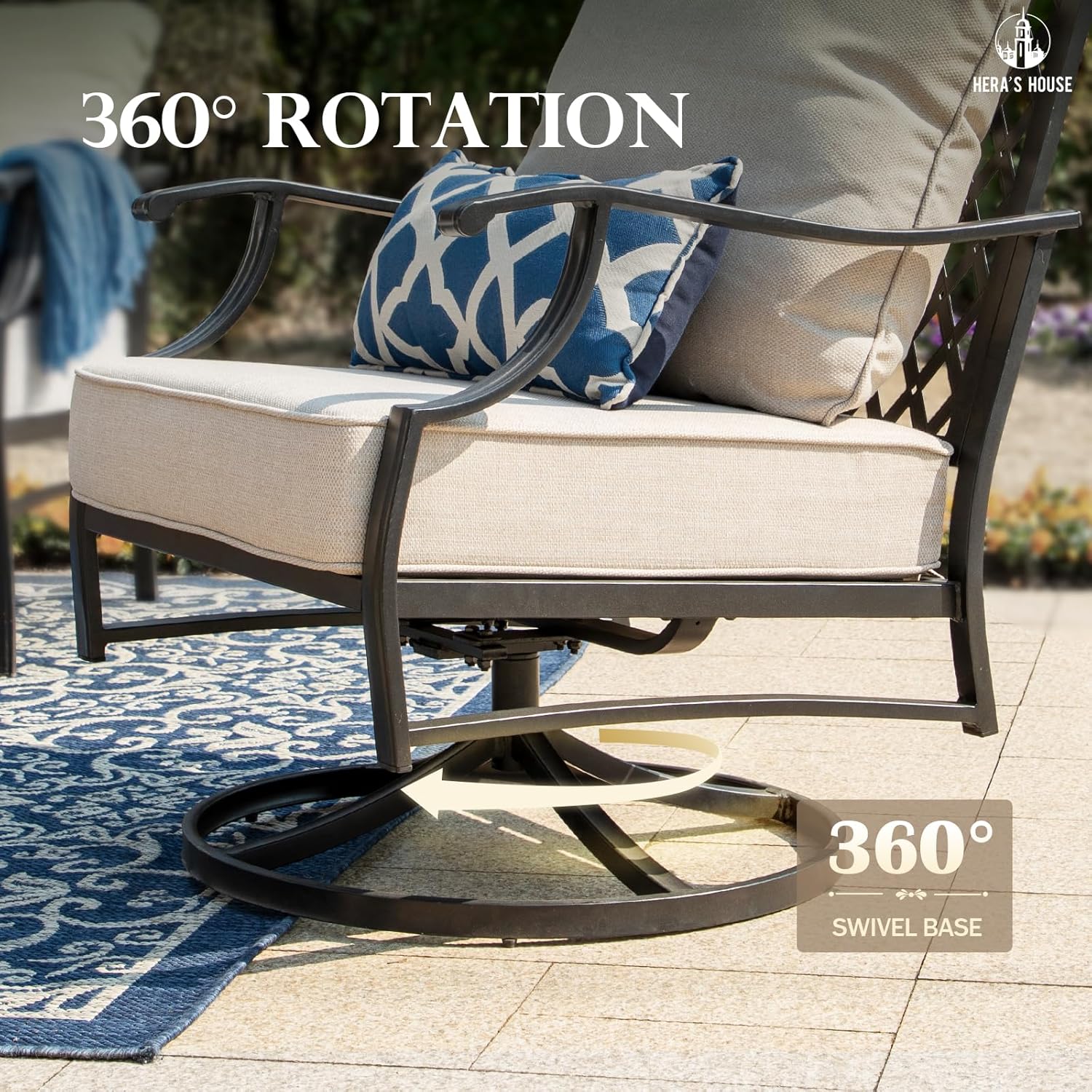 HERA'S HOUSE 4 Pieces Patio Furniture Set with Fire Pit Table, 2 x Swivel Cushioned Chair, 3-Seat Sofa with 46