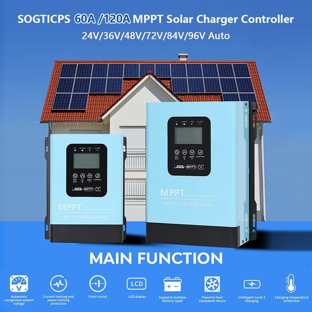 120A MPPT Solar Charge Controller,12V 24V 36V 48V 60V 72V 84V 96V Solar Battery Regulator PV Max 230V for Sealed Lead Acid Gel and Lithium Battery