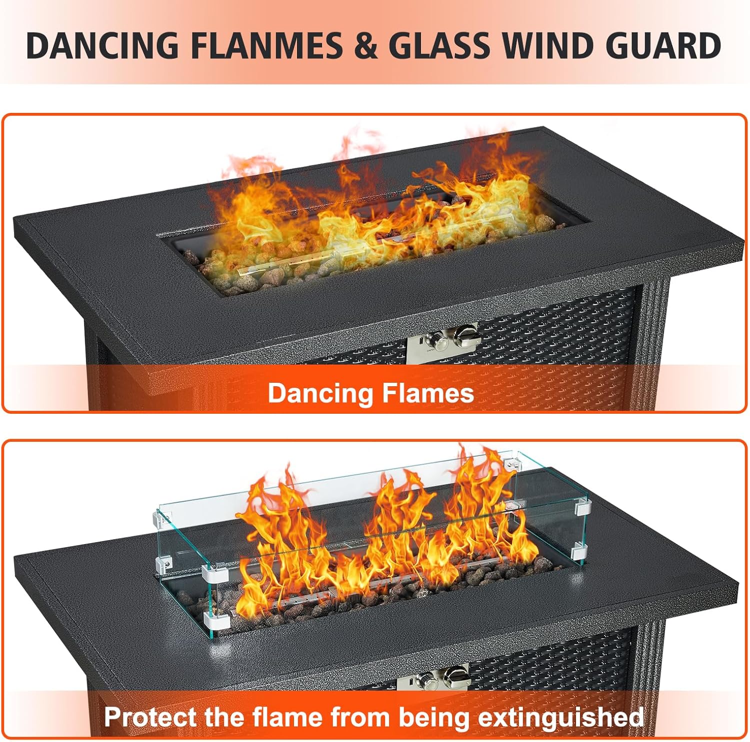 Outdoor Fire Table, 44 inch Rectangle Propane Gas Fire Pit Table, 50,000 BTU Modern Firepit with Wind Guard, Lava Rock, Rain Cover