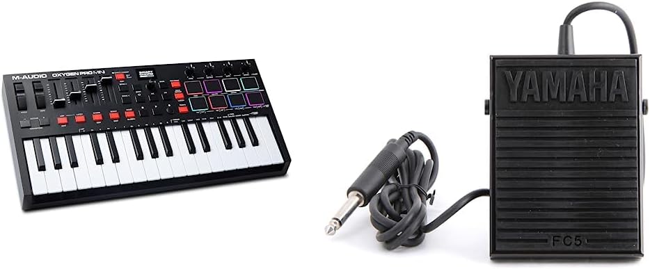 M-Audio Oxygen Pro Mini – 32 Key USB MIDI Keyboard Controller With Beat Pads, MIDI assignable Knobs & Yamaha FC5 Compact Sustain Pedal for Portable Keyboards, black