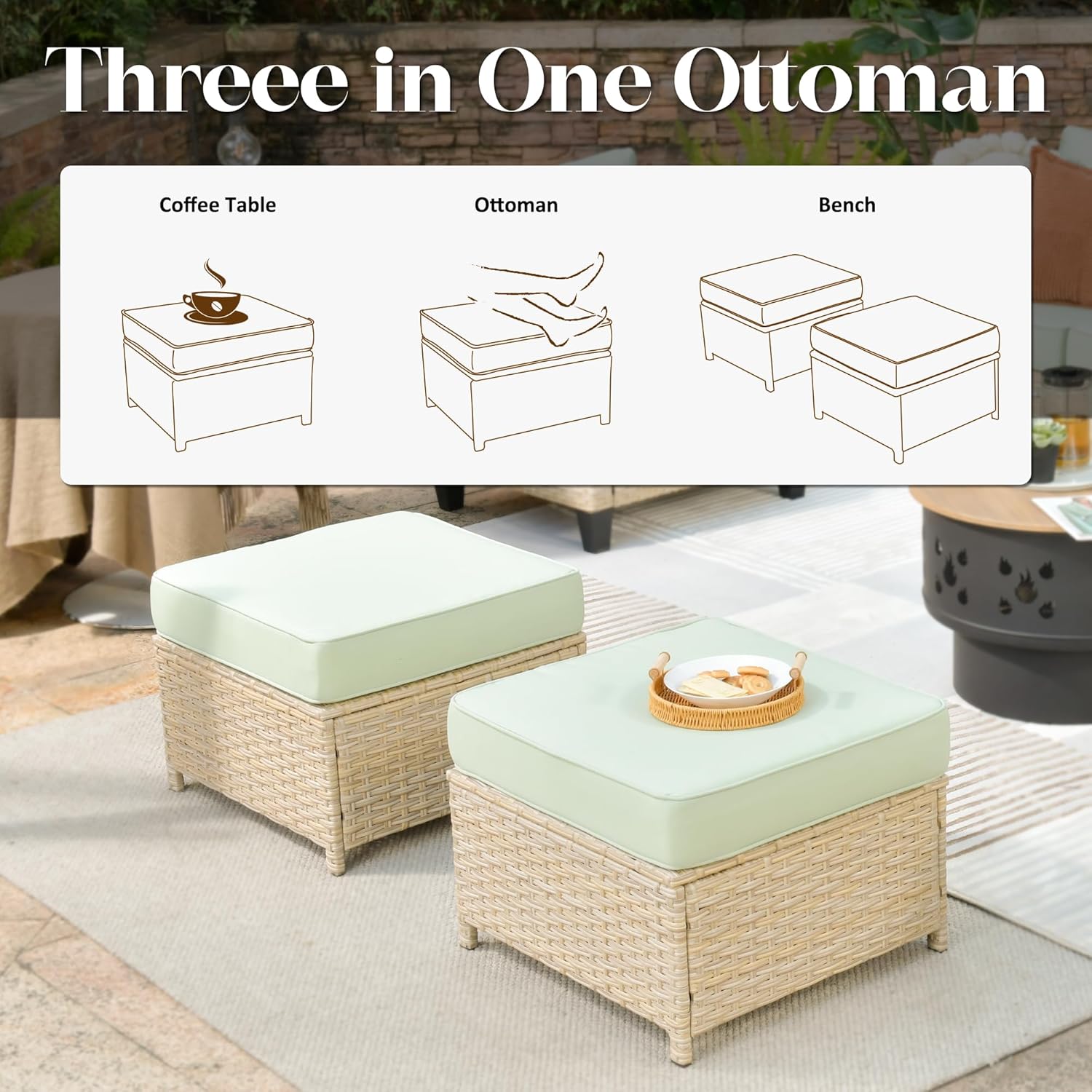 5 Pieces Patio Furniture Sets with 30inch Fire Pit Table All Weather PE Wicker Outdoor Furniture Set with Sectional Sofa for Yard,Garden,Lawn(Green)