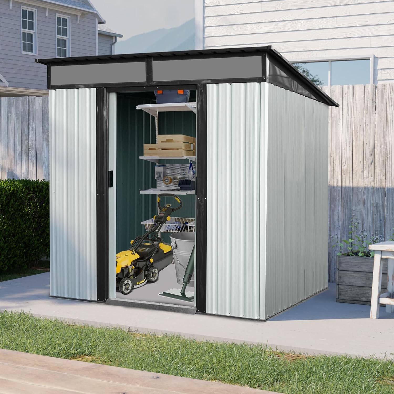 GOWE 6ft x 5ft Outdoor Metal Storage Shed with Lockable Sliding Doors and Transparent Plate for Garden, Lawn (White and Black)