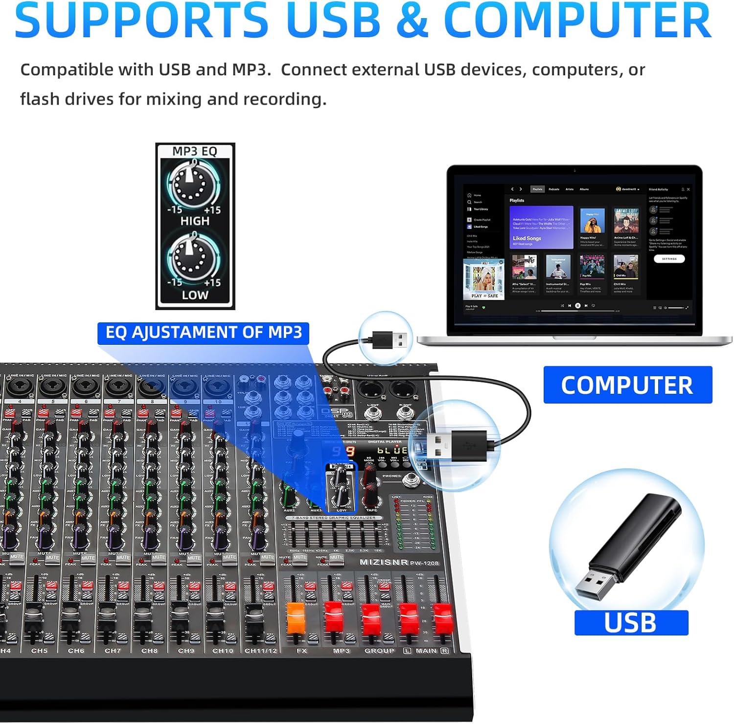 12 Channel Audio Mixer Professional Sound Mixing Board with 99 DSP Effects, 7-band EQ Digital DJ Mixer Console w/USB Bluetooth MP3 for Recording, Independent 48V Power & Mute Button
