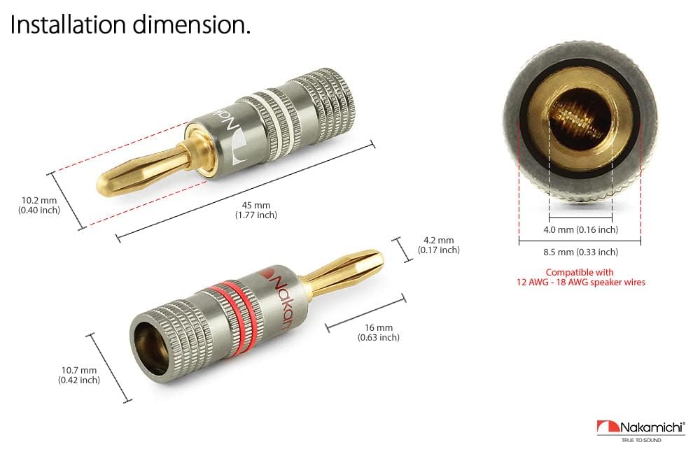 Nakamichi Ultimate Series 24K Gold Plated Beryllium Red Copper Banana Plug 12-18 AWG Gauge Size 4mm Connector for Speakers Wire Amplifiers Hi-Fi Sound Systems (36 Pcs (18-Pairs), Banana Plugs)