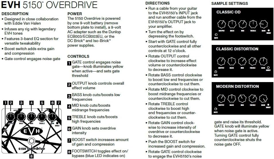 MXR EVH5150 Overdrive Distortion Electric Guitar Effects Pedal with Boost Switch and Noise Gate Featuring Tonebird 1500mA 9V Adapter, Patch Cable, Multi-Tool, Picks Bundle
