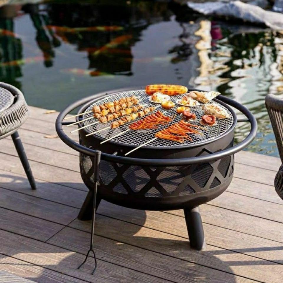 Outdoor Fireplaces Fire Pit Outdoor Wood Burning Pits Heating Large Steel BBQ Grill Bowl for Winter with Cooking Grate Fire Pits