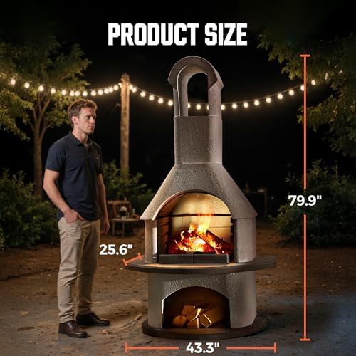 Concrete Outdoor Fireplace with Grill, Wood Burning Fireplace with Wood Storage and Chimney, Include Grill Rack & Charcoal Pan, 79.9”H