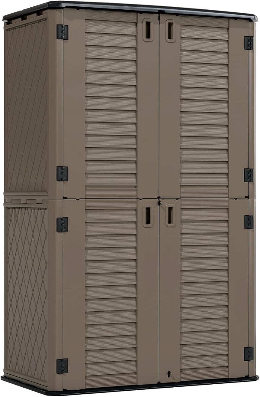 HOMSPARK Storage Shed Weather Resistance, Multi-Purpose Outdoor Storage Cabinet for Backyards and Patios, Horizontal Storage Shed for Lawnmower, Patio Accessories (Coffee, Tall - 53 cu.ft)