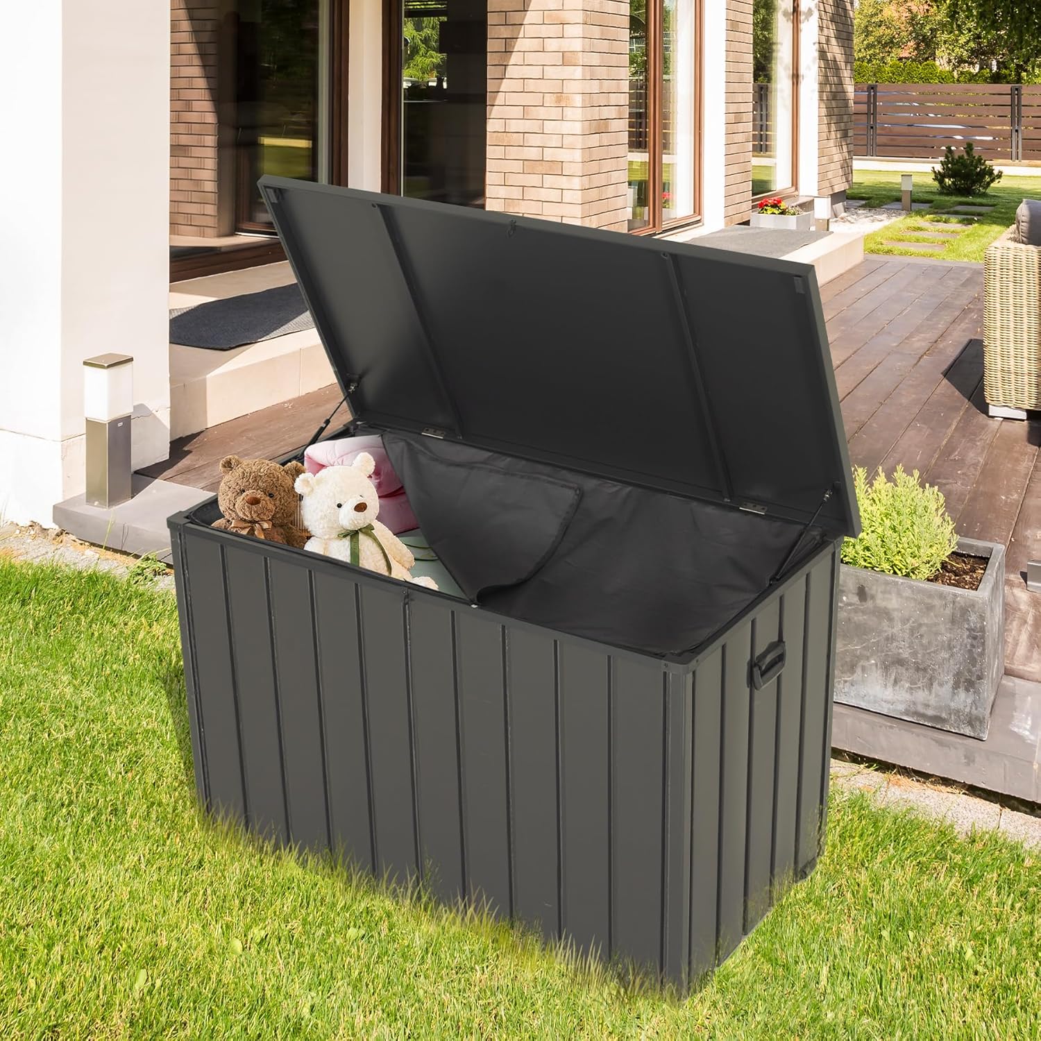 100 Gallon Outdoor Storage Box With Oxford Fabric Bag Lockable Metal Deck Box For Patio, Backyard, Dark Gray Weatherproof Storage (1 Doors)