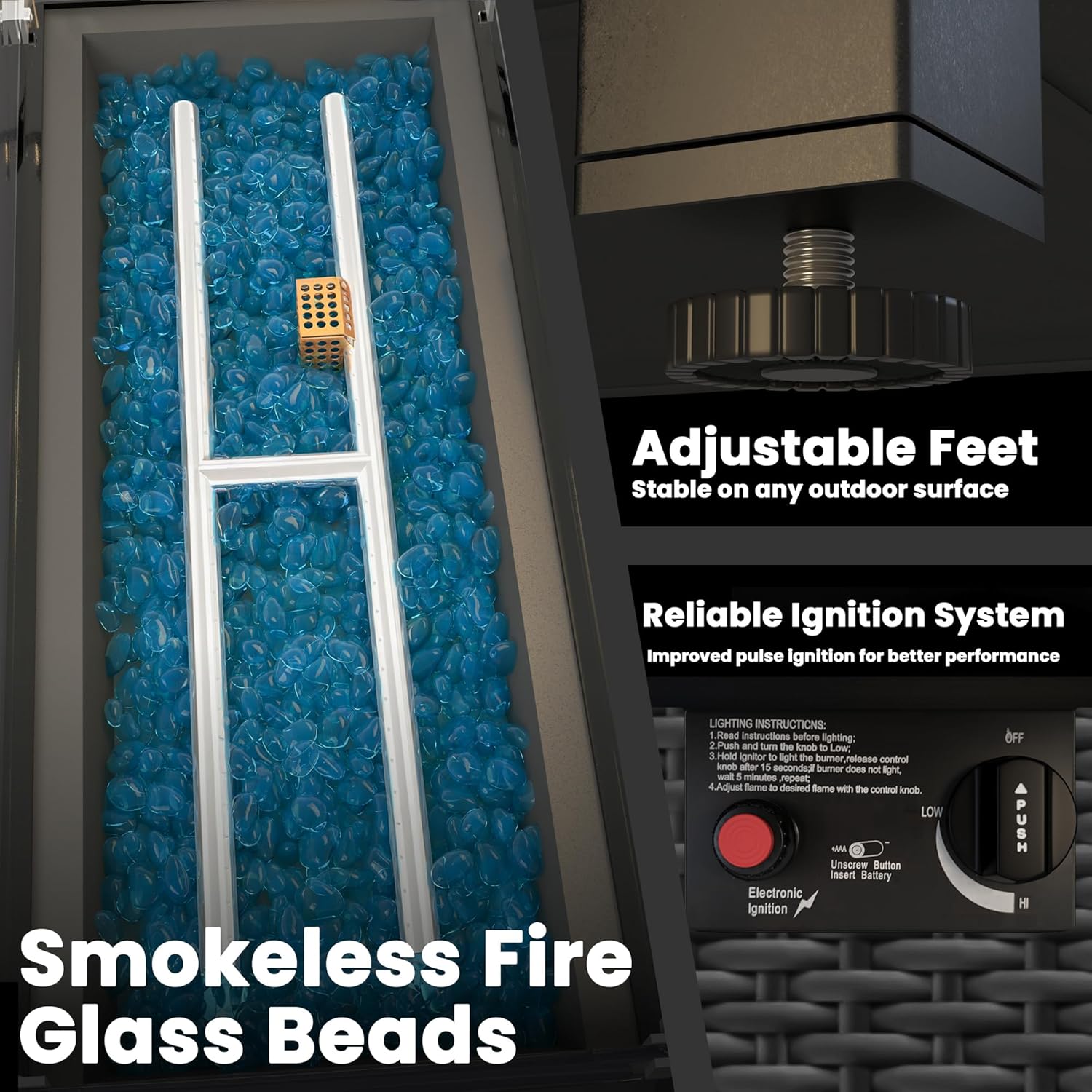 43-Inch Propane Fire Pit Table, Rattan Rectangular Outdoor Gas Fire Pit W/Glass Wind Guard, Tempered Glass Tabletop & Lid, CSA Listed, 60,000 BTU, 304 Stainless Steel H-Burner, for Outside Patio,Black