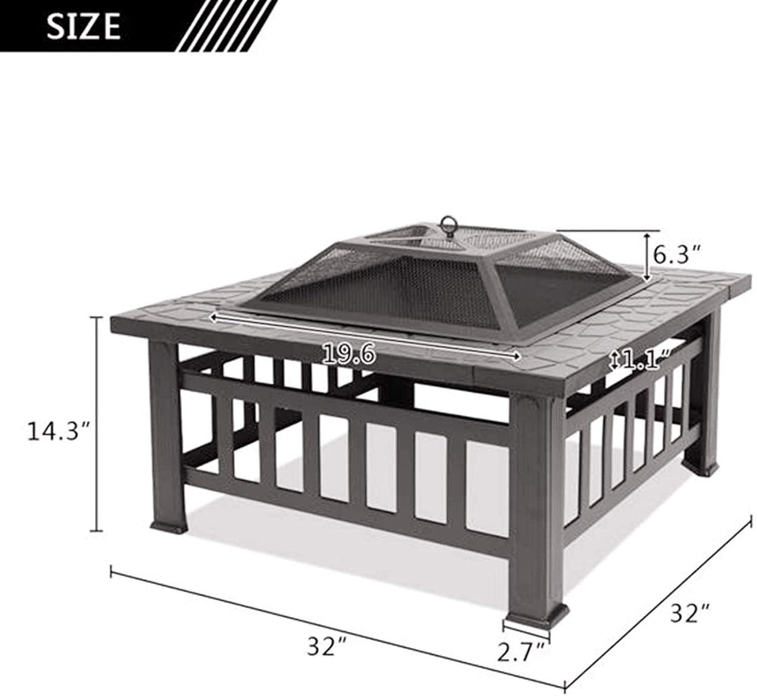 Fire Pit with BBQ Grill Shelf,Outdoor Metal Brazier Square Table Garden Patio Heater/BBQ/Ice Pit with Waterproof Cover