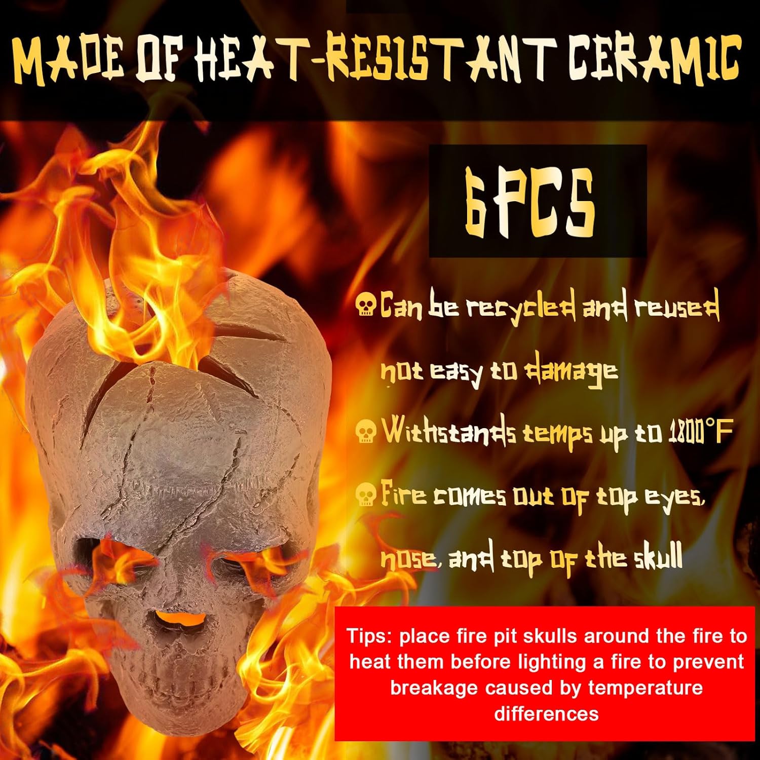 Zhehao 6 Pack Ceramic Fire Pit Skulls, 9 Inch Imitated Human Fireproof Skulls Bonfire Accessories Fake Logs Reusable Skull Firepit Stones for Outside Halloween Decor for Propane Wood Fires (Gray)