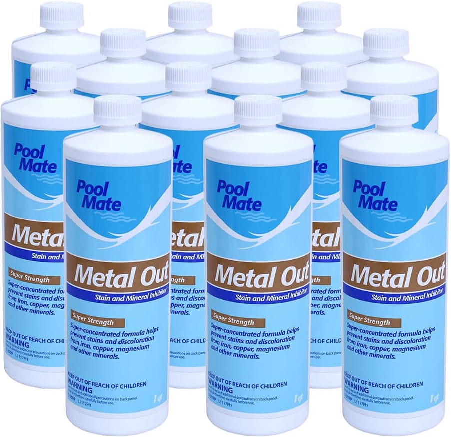 Pool Mate 1-Quart 12-Pack Concentrated Metal Out Stain and Mineral Inhibitor, Pool Metal Remover, Stain Remover, Made in USA