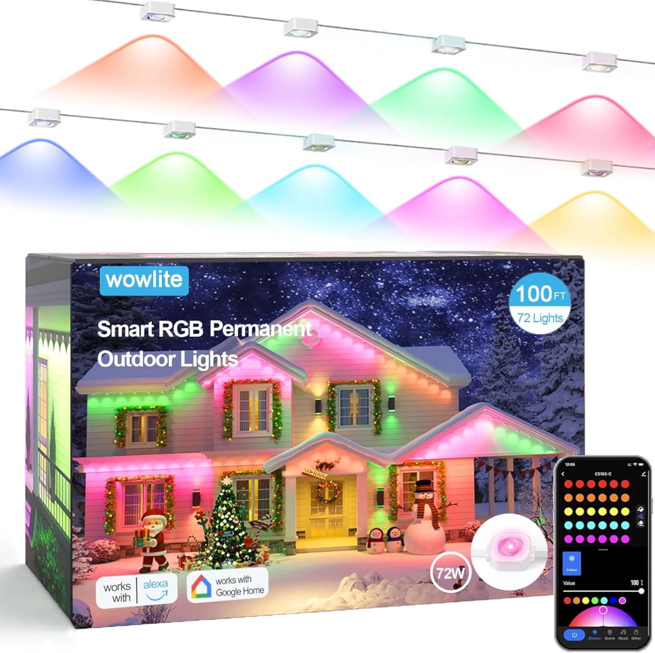 wowlite Permanent Outdoor Lights 100FT, RGB+IC Smart Eave Lights with 72 LEDs, IP67 Waterproof, 110+ Scene Modes for House, Daily & Holiday Decorations, Christmas, Compatible with Alexa & Google