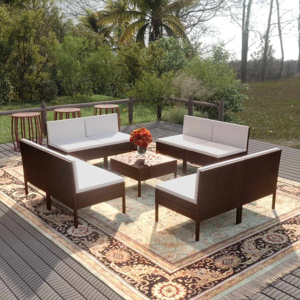 9 Piece Patio Lounge Set with Cushions Poly Rattan Brown,Cozy Rattan Patio Lounge Set for Relaxation and Comfort in Your Outdoor Space Patio Furniture, Outdoor Furniture Sets