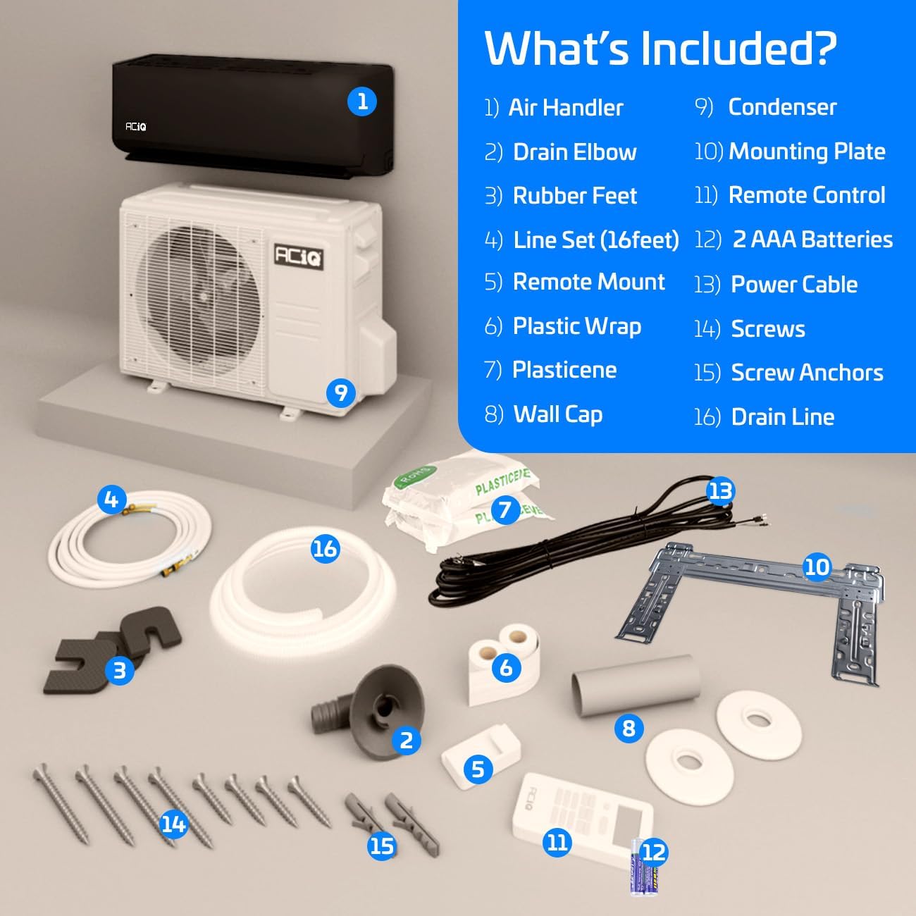 ACiQ 20 SEER2 Essentials 9000 BTU Comfortable Inverter Mini Split AC/Heating System, 0.75 Ton Black Wall Mount Ductless Heat Pump AC Unit, with 16ft Installation Kit | WiFi Control, 208/230V, R454B