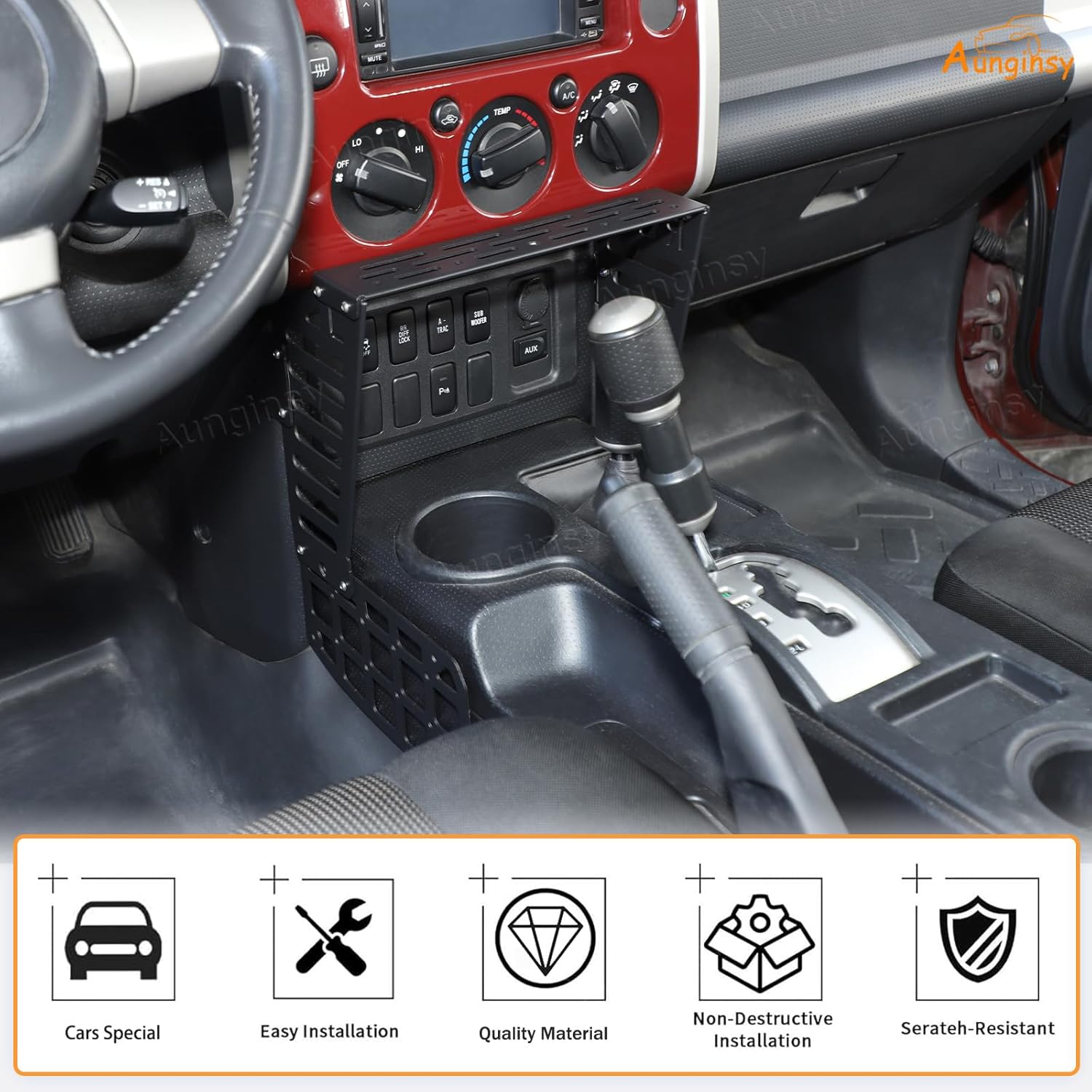 Aunginsy Center Console Modular Storage Baffle Compatible with Toyota FJ Cruiser 2007-2021, Car Aluminum Gear Shift Box Storage Molle Panel Mobile Phone Based Walkie Bracket Expansion Accessories