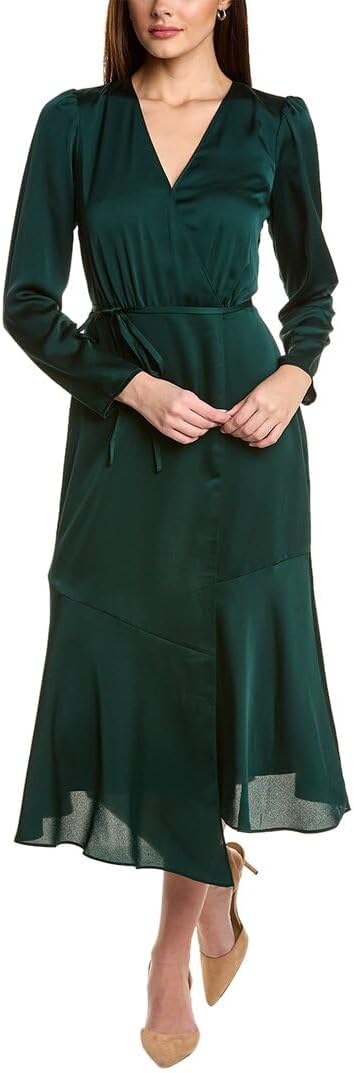 Anne Klein Womens Crinkled Charmeuse Long Sleeve V-Neck Faux Wrap Dress