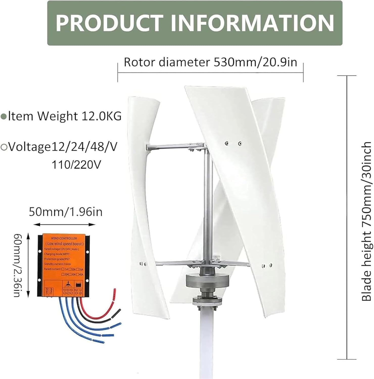 Vertical Wind Turbine Generator Kit Wind Generator Power Turbine Vertical 3 Blade With Controller 16000w Suited For Boats, Gazebos, Cabins Mobile Corporate And Industrial Energy Supplem(White,24V)