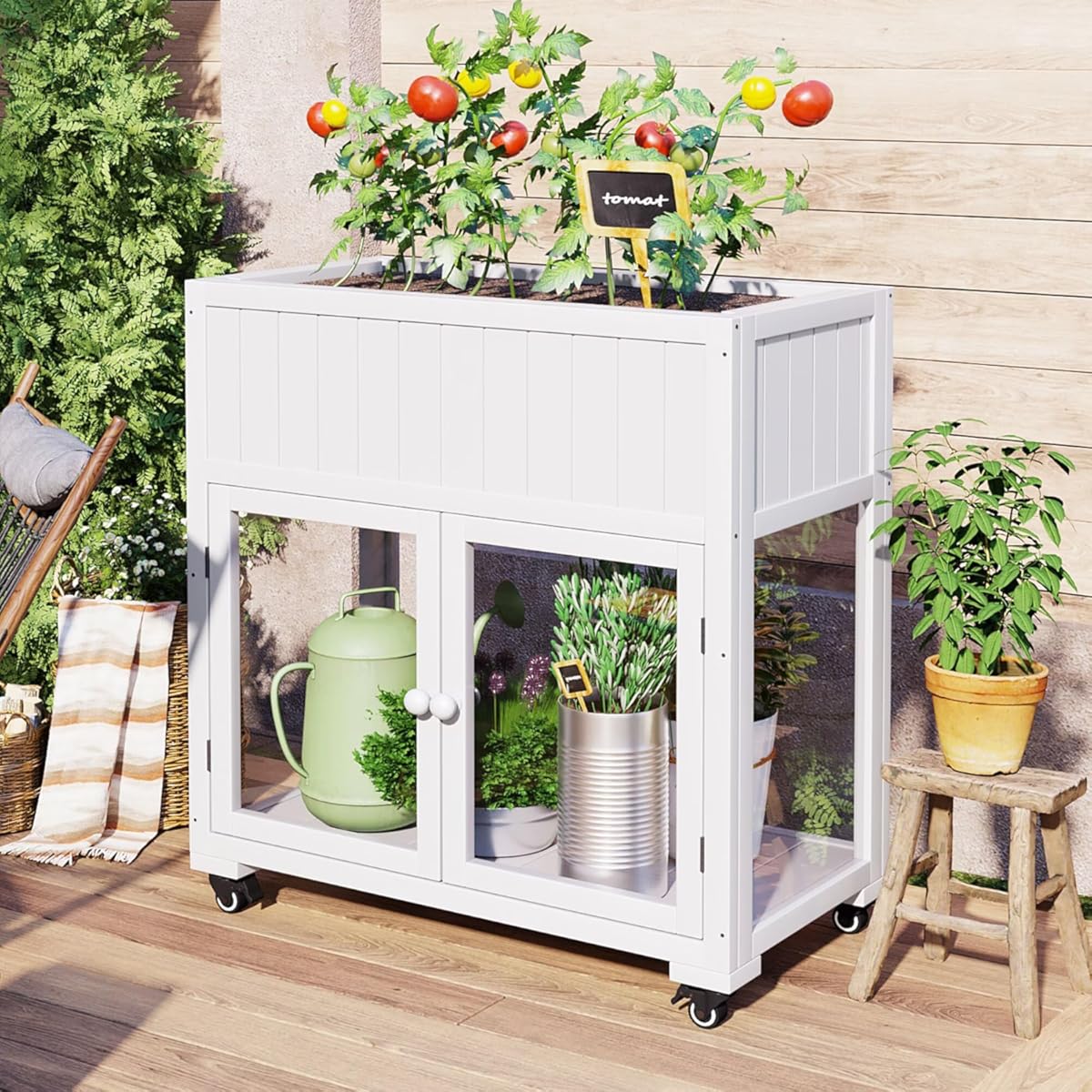Patio 35.4''x17.7''x37.4'' Mini Wood Cold Frame, Compact 2 Doors Garden Greenhouse with Wheels, Raised Bed with Liner for Indoor Outdoor Use, White