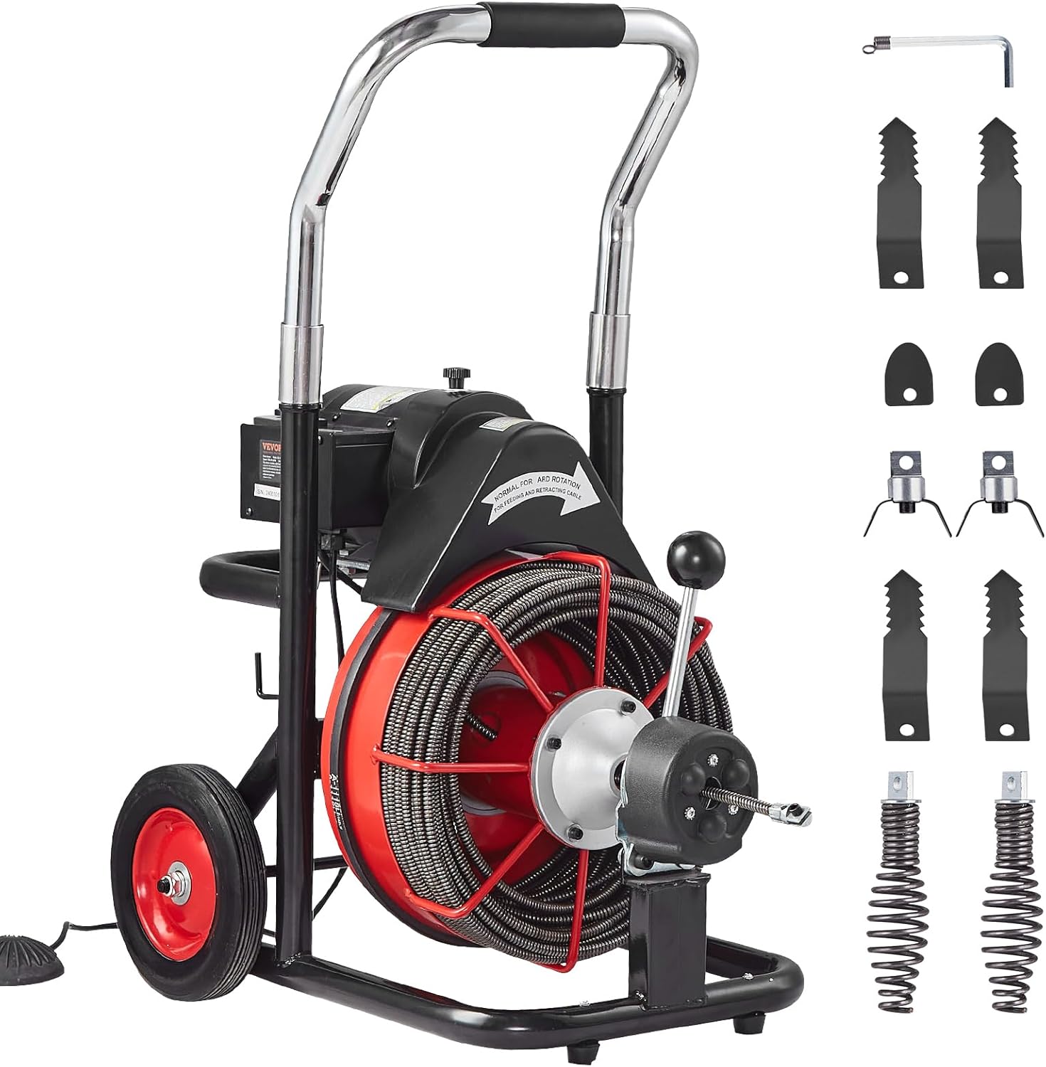 VEVOR Drain Cleaner Machine 100FT x 3/8 Inch, Auto Feed Sewer Snake Auger on Wheels, 370W Portable Drain Cleaning Machine with 8 Cutters & Air-activated Foot Switch for 2