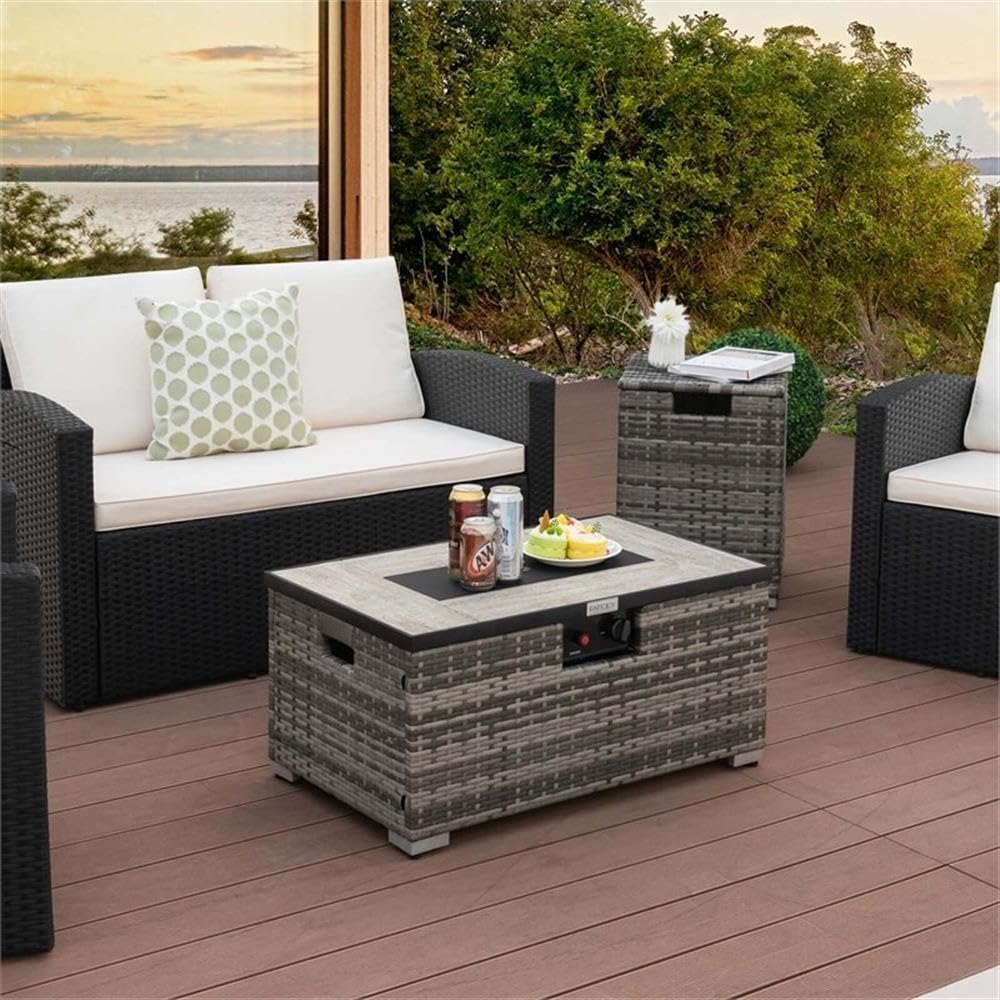 Pemberly Row 32''x 20'' Propane Fire Pit Table Set w/Side Table Tank Gray