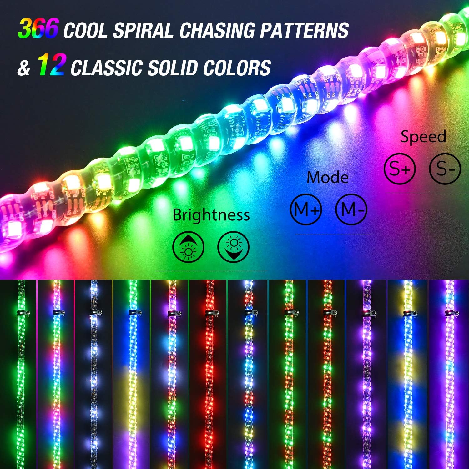 Nilight 2PCS 3FT Spiral RGB Led Whip Light with Spring Base Chasing Light RF Remote Control Lighted Antenna Whips for Can-Am ATV UTV RZR Polaris Dune Buggy Offroad Truck