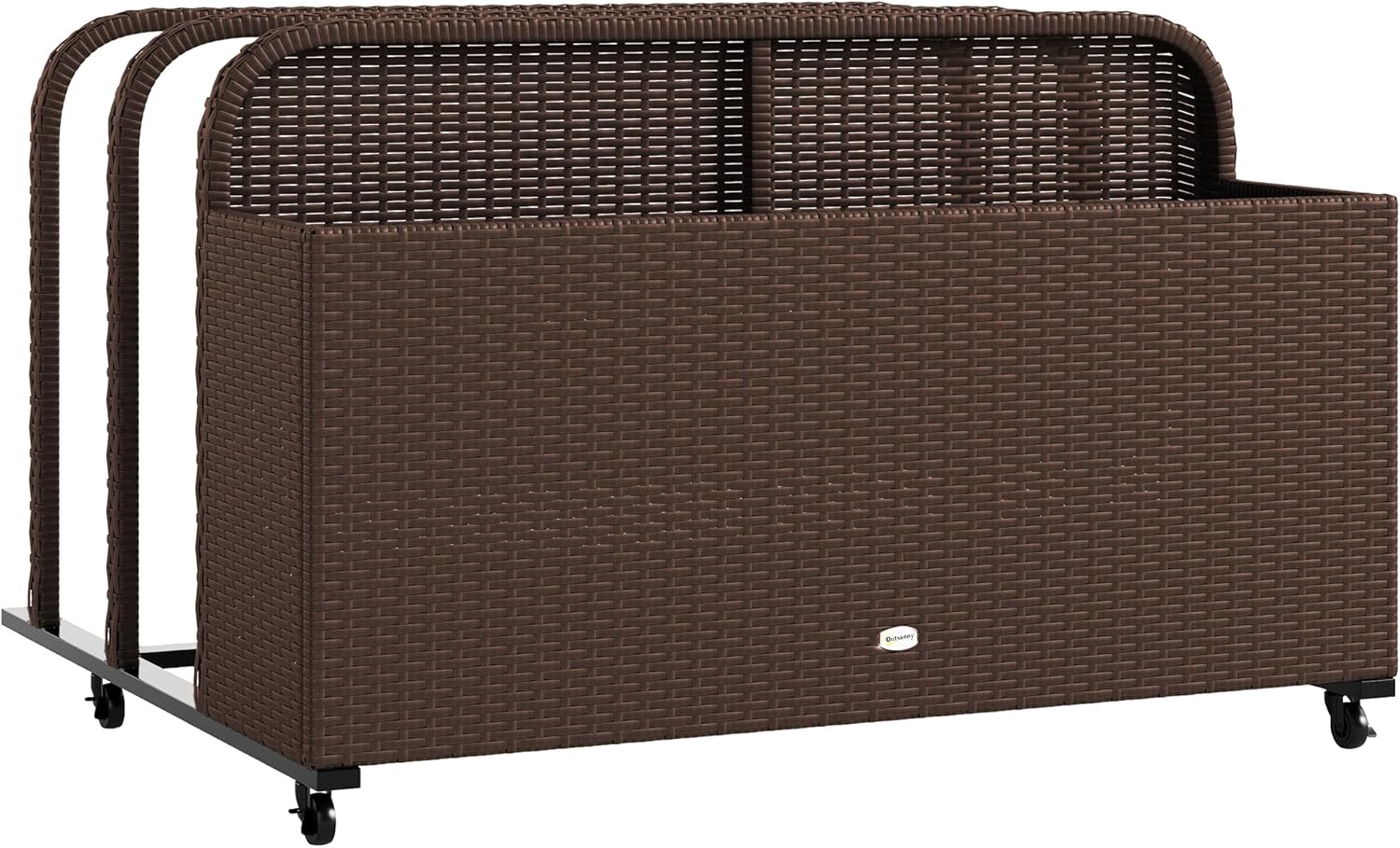 Outsunny Wicker Patio Pool Float Storage Basket, PE Rattan Outdoor Pool Caddy with Rolling Wheels for Floaties, Noodles, Life Vests, Beach Balls, Patio Furniture, Brown