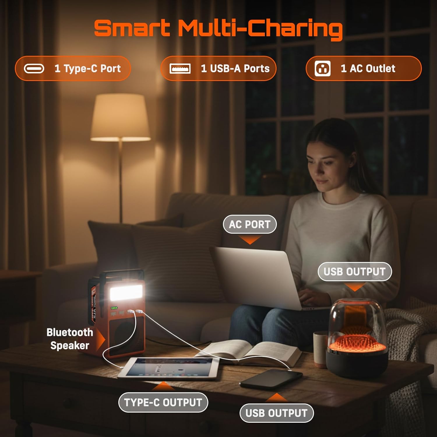 300W Power Inverter with Bluetooth Speaker, Battery Inverter for Makita 18V Battery with 21V 4.0Ah Battery Included, 110V AC Outlet, 1 × USB 3.0 Port, 32W PD Type-C, LED Light for Camping & Emergency