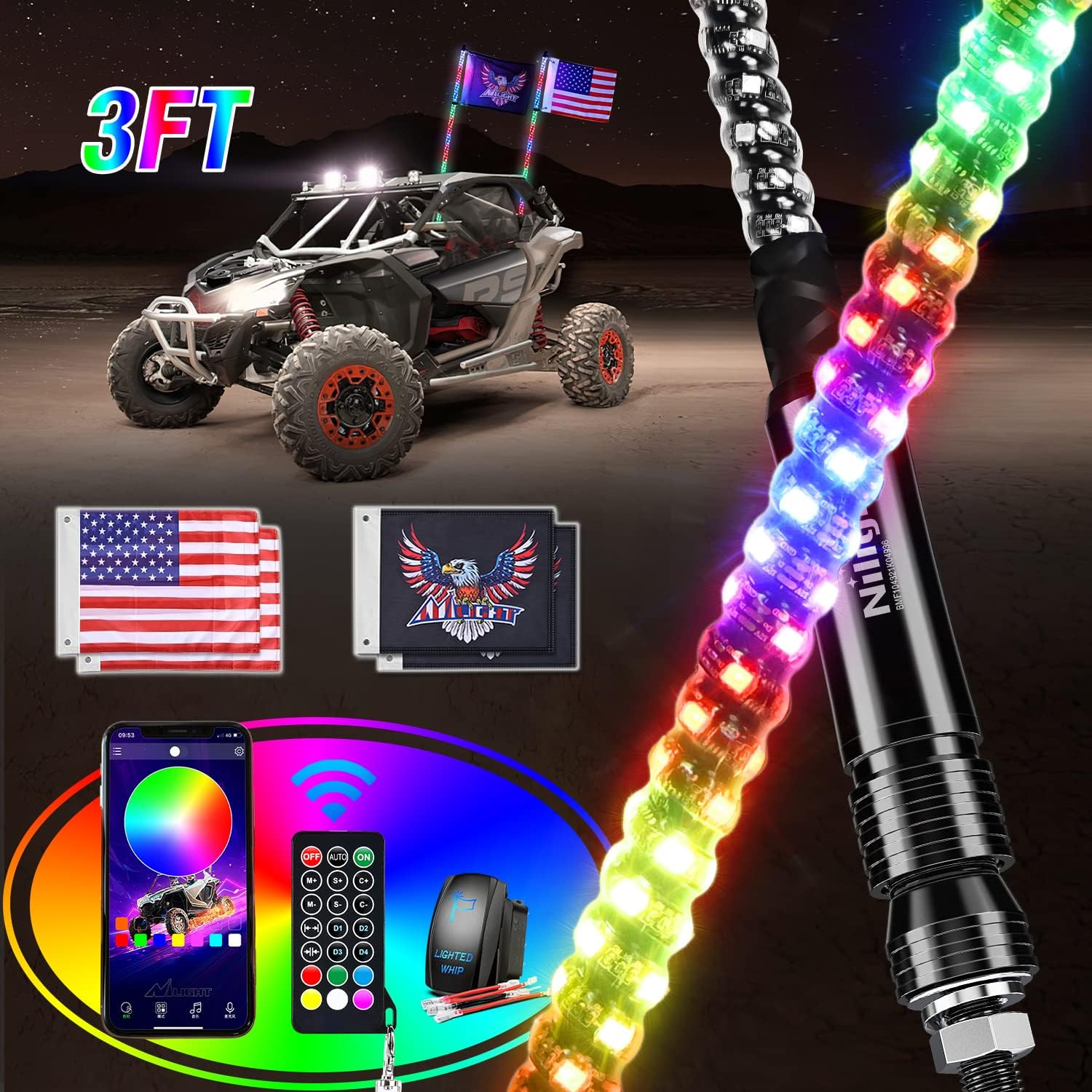 Nilight 2PCS 3FT RGB LED Whip Light, Remote App Control w/DIY Chasing Patterns Stop Turn Reverse Lighting Modes Safety Lighted Antenna for ATV UTV Polaris RZR Can-am Dune Buggy Jeep