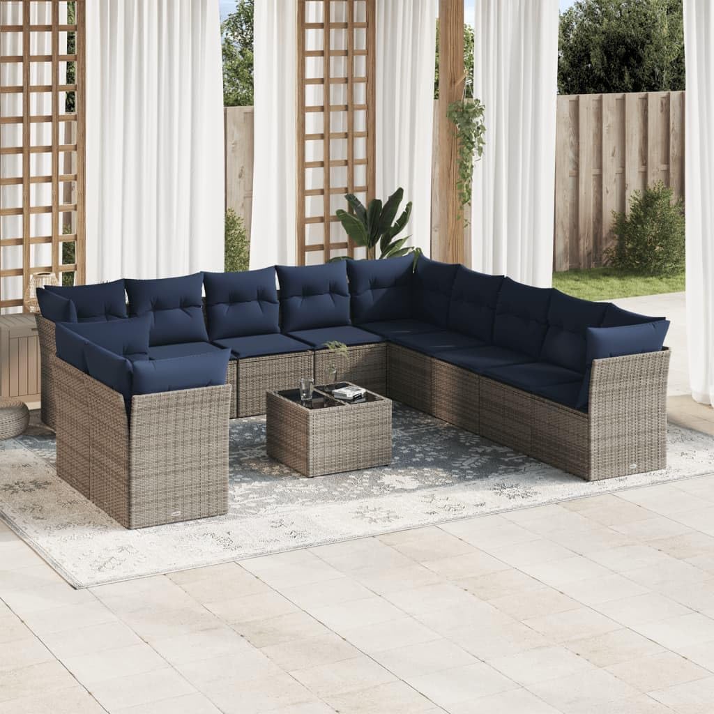 12 Piece Patio Sofa Set with Cushions, Gray Poly Rattan Outdoor Furniture, Modular Design for Backyard Balcony, Weather-Proof Garden Table and Chairs